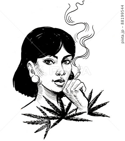 Pretty woman smoking marijuana joint. Ink black and white drawing 88199544