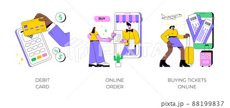 Online payment abstract concept vector illustration set. Debit card, online order, buying tickets, plastic money, buying goods on internet, e-commerce shopping, booking mobile app abstract metaphor. 88199837