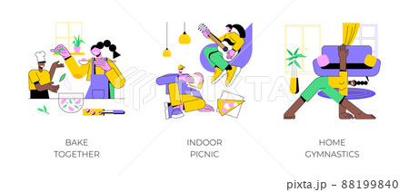 Family fun amid quarantine abstract concept vector illustration set. Bake together, indoor picnic, home gymnastics, time together with children, indoor activities, stay at home abstract metaphor. Family fun amid quarantine abstract concept vector illustration set. Bake together, indoor picnic, home gymnastics, time together with children, indoor activities, stay at home abstract metaphor. 88199840