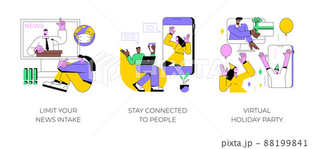 Quarantine lifestyle abstract concept vector illustration set. Limit your news intake, stay connected to people, virtual Holiday party, friends meetup, online communication, anxiety abstract metaphor. Quarantine lifestyle abstract concept vector illustration set. Limit your news intake, stay connected to people, virtual Holiday party, friends meetup, online communication, anxiety abstract metaphor. 88199841