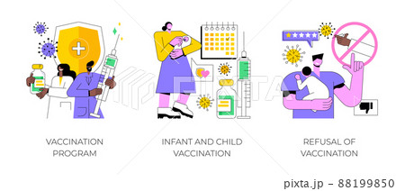 Mandatory immunization abstract concept vector illustration set. Vaccination program for Infant and child, refusal of vaccination, childhood infectious diseases, public healthcare abstract metaphor. 88199850