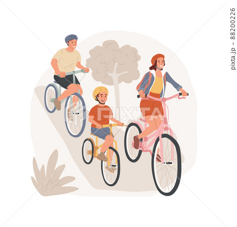 Family cycling isolated cartoon vector illustration Family travel, parent and kid on two bikes, active lifestyle, cycling in nature together, outdoor recreation, riding bicycle vector cartoon. 88200226
