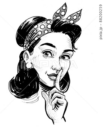 Pretty pin-up woman making silence gesture. Ink black and white drawing 88200259