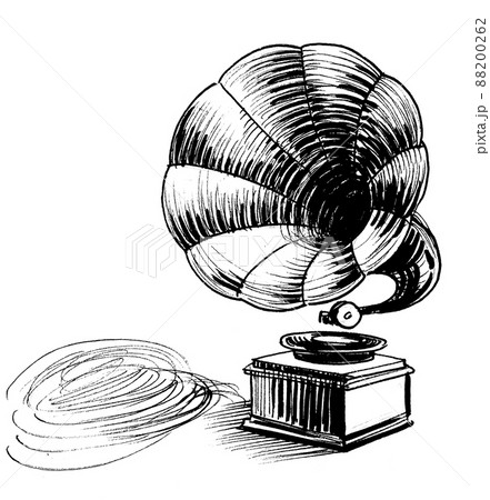 Vintage phonographer. Ink black and white drawing 88200262