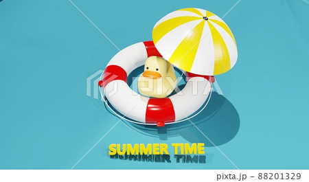 3d render. summer marine composition. rubber duck. lifebuoy. beach umbrella from the sun. 3d illustration 88201329