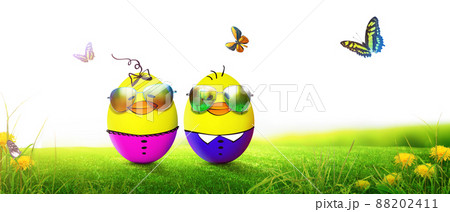 Little cute baby chick on green grass. Yellow newborn baby chick. Little cute baby chick on green grass. Yellow newborn baby chick. 88202411
