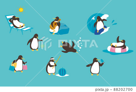 夏を満喫するペンギンのイラストセット 88202700