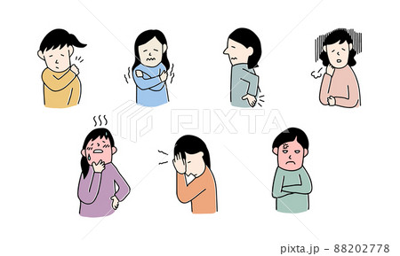 肩こり、寒さ、ほてり、腰痛、ホルモンバランスの乱れなど、更年期の症状に悩む女性のイラストセット　女性 88202778