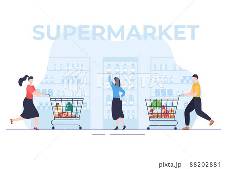 Supermarket with Shelves, Grocery Items and Full Shopping Cart, Retail, Products and Consumers in Flat Cartoon Background Illustration 88202884