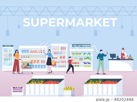 Supermarket with Shelves, Grocery Items and Full Shopping Cart, Retail, Products and Consumers in Flat Cartoon Background Illustration Supermarket with Shelves, Grocery Items and Full Shopping Cart, Retail, Products and Consumers in Flat Cartoon Background Illustration 88202888