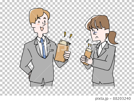 有薪水差異的商人（年輕男女） 可笑的手寫數字矢量，彩色線條圖 88203240