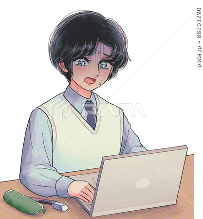 古い少女漫画風イラスト ノートパソコンと悩める学生のイラスト素材