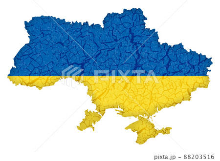 ひび割れの入ったウクライナの国土地図と国旗カラー
