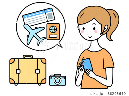 スマホで飛行機旅行の検索をする女性 スマホで飛行機旅行の検索をする女性 88203659