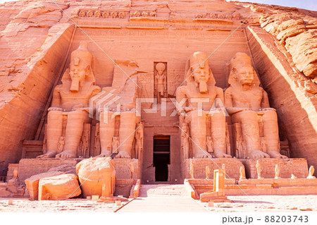 Statue in front of The Great Temple of Rameses II at Abu Simbel. 88203743