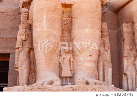 View of the leg part of the Seated Ramses II at The Great Temple of Ramses II in Abu Simbel. View of the leg part of the Seated Ramses II at The Great Temple of Ramses II in Abu Simbel. 88203745