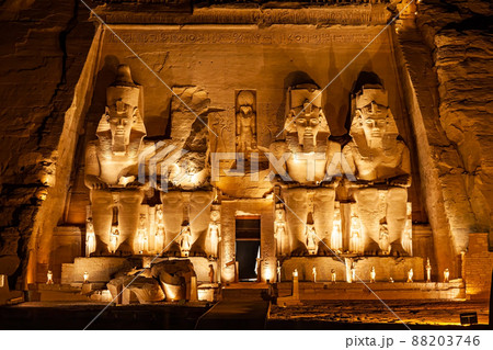Statue of Pharaoh Ramses II in front of The Great Temple of Ramses II in Abu Simbel in the night. Statue of Pharaoh Ramses II in front of The Great Temple of Ramses II in Abu Simbel in the night. 88203746