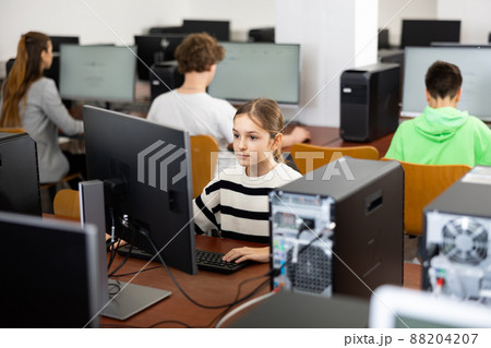 Schoolgirl using PC during computer science lesson 88204207