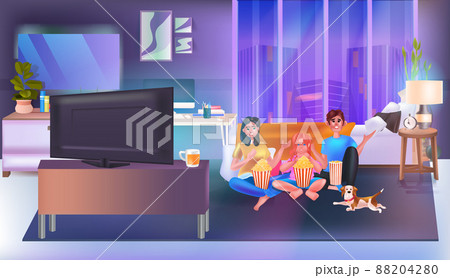 Family sitting on couch watching tv and eating popcorn happy parents and daughter spending time together Family sitting on couch watching tv and eating popcorn happy parents and daughter spending time together 88204280