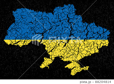 ひび割れしたウクライナの国土地図と国旗カラー