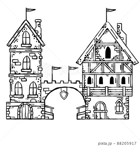 Old medieval town with gate and bridge. European cartoon city. Fairy tale fortress. Wooden German houses and street. 88205917