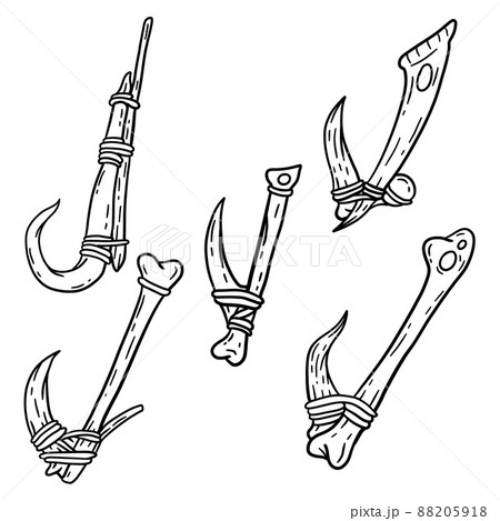 Fish hook made of bone and fang. Tool of primitive man of Stone Age. Old tool for fishing and hunting. Cartoon outline illustration Fish hook made of bone and fang. Tool of primitive man of Stone Age. Old tool for fishing and hunting. Cartoon outline illustration 88205918
