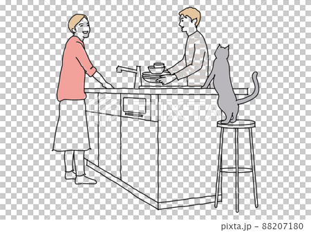 Couple + cat line drawing to clean up in the kitchen 88207180