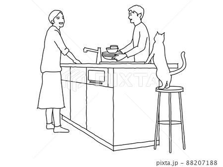 キッチンで後片付けする夫婦＋猫　モノクロ線画 88207188