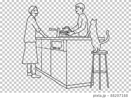 キッチンで後片付けする夫婦＋猫　モノクロ線画 88207188