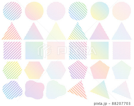 カラフルなグラデーションのドットとストライプ柄の色々な図形の