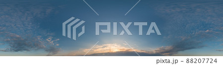 Dark blue sunset sky pano with Cirrus clouds. Seamless hdr panorama in spherical equirectangular format. Complete zenith for 3D visualization, game and sky replacement for aerial drone 360 panoramas. 88207724
