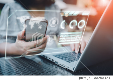 Technology Facial Recognition and Artificial Intelligence Personal Identify for Access Database Via Mobile Phone. Businesswoman Accessing Privacy Information While Verification Facial Ai Scanning. 88208323