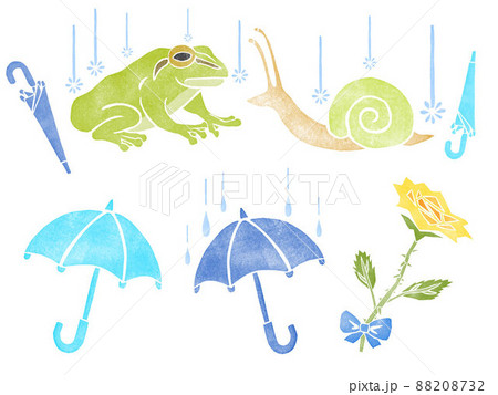 6月イラストスタンプセット カエル 傘 雨 黄色いバラ のイラスト素材