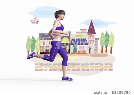 町中を紫色のカジュアルなジャージを着たスポーティーな女性がランニングをしているイラスト 88209790