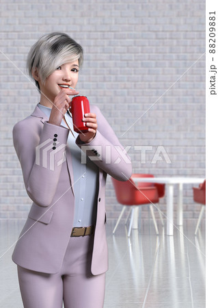 スモークピンクのスーツを着た女性社員が缶ジュースをストローで飲んでいるのイラスト素材 8091
