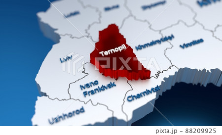 Stylish 3D map of Ukraine with Ternopil region at focus highlighted in red 88209925