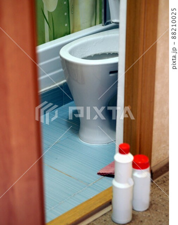 Washing and cleaning products for cleaning and disinfecting the toilet are located near the door to the bathroom. Washing and cleaning products for cleaning and disinfecting the toilet are located near the door to the bathroom. 88210025