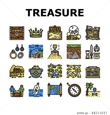 Treasure Golden Jewels In Chest Icons Set Vector Treasure Golden Jewels In Chest Icons Set Vector 88211037