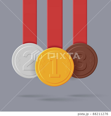 Gold, silver and bronze medals with red ribbons hang from top, 3d win label Gold, silver and bronze medals with red ribbons hang from top, 3d win label 88211276
