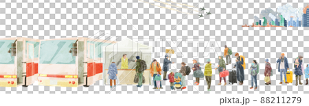 撤離人員在巴士上排隊的手繪水彩風格插圖 撤離人員在巴士上排隊的手繪水彩風格插圖 88211279