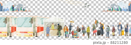 Hand-painted watercolor-style illustrations of evacuees lined up on the bus Hand-painted watercolor-style illustrations of evacuees lined up on the bus 88211280