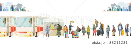 バスに並ぶ避難する人たち手描き水彩風イラストのイラスト素材