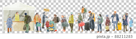 Hand-painted watercolor-style illustrations of evacuees lined up Hand-painted watercolor-style illustrations of evacuees lined up 88211283