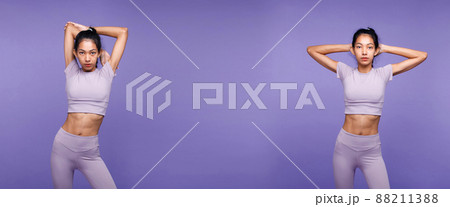 Collage Half body of Asian slim tanned skin Fitness woman exercise warm up stretch ABS arms legs 88211388