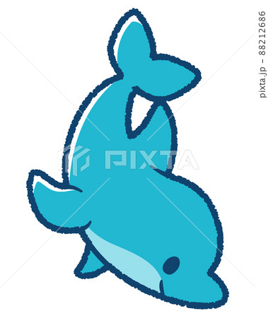 下向きに泳いでいるイルカのデフォルメイラスト_線あり(水色)の