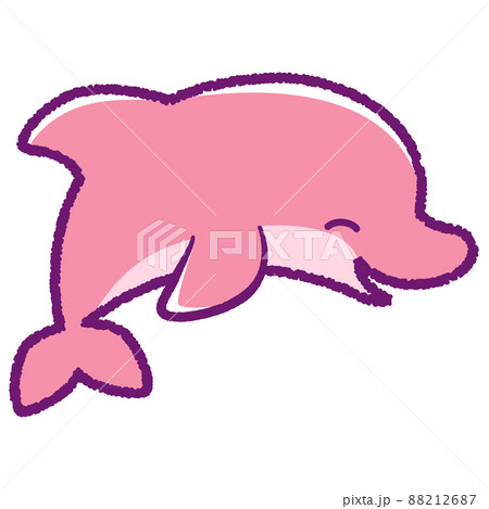 ジャンプしている笑顔のイルカのデフォルメイラスト 線あり ピンク のイラスト素材