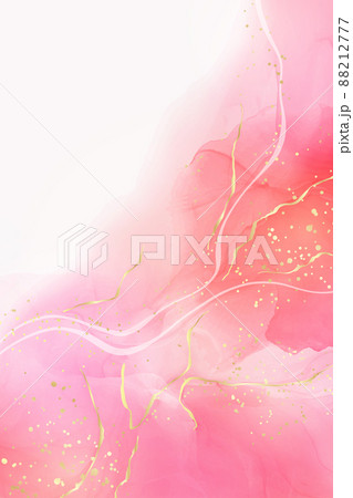 Rose pink liquid watercolor background with golden dots. Dusty blush marble alcohol ink drawing effect. Vector illustration design template for wedding invitation, menu, rsvp 88212777