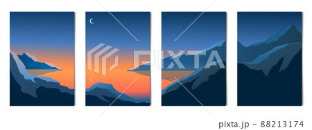 Set of 4 night scenery of mountains and lake - Vector 88213174