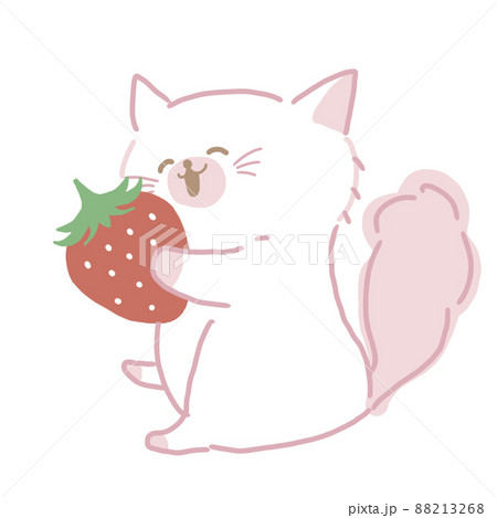 ふわふわ毛の長いねこさん いちごをもらって嬉しいのイラスト素材