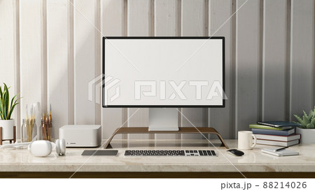 Stylish white workspace with pc computer mockup on marble table against white wall. 88214026